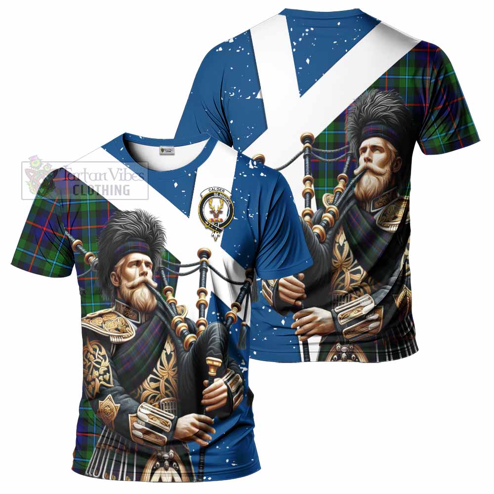 Tartan Vibes Clothing Calder Tartan T-Shirt with Family Crest Scottish Bagpiper Vibes