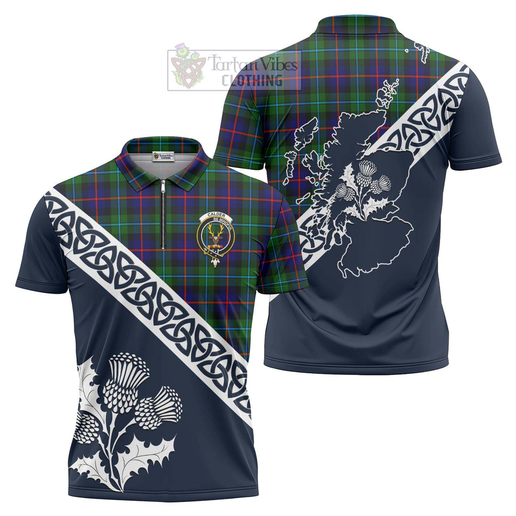 Calder Tartan Zipper Polo Shirt Featuring Thistle and Scotland Map Unisex - Tartanvibesclothing Store