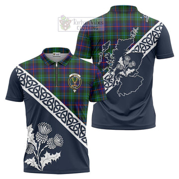 Calder Tartan Zipper Polo Shirt Featuring Thistle and Scotland Map Unisex - Tartanvibesclothing Store