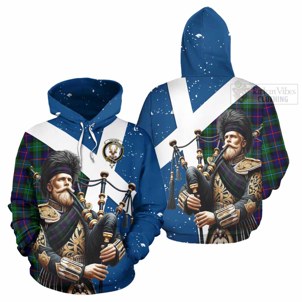 Tartan Vibes Clothing Calder Tartan Hoodie with Family Crest Scottish Bagpiper Vibes