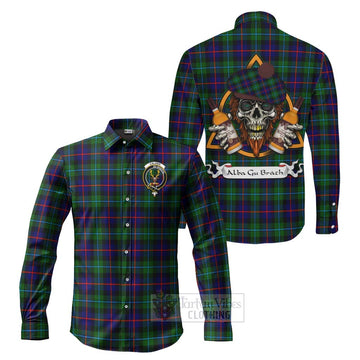 Calder Tartan Long Sleeve Button Shirt with Family Crest and Bearded Skull Holding Bottles of Whiskey