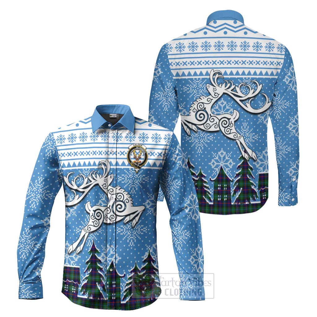 Tartan Vibes Clothing Calder Clan Christmas Long Sleeve Button Shirt Celtic Reindeer Style