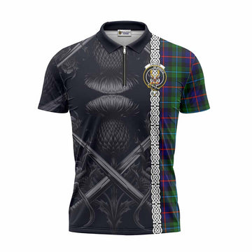 Calder Tartan Zipper Polo Shirt with Family Crest Cross Sword Thistle Celtic Vibes Unisex - Tartan Vibes Clothing