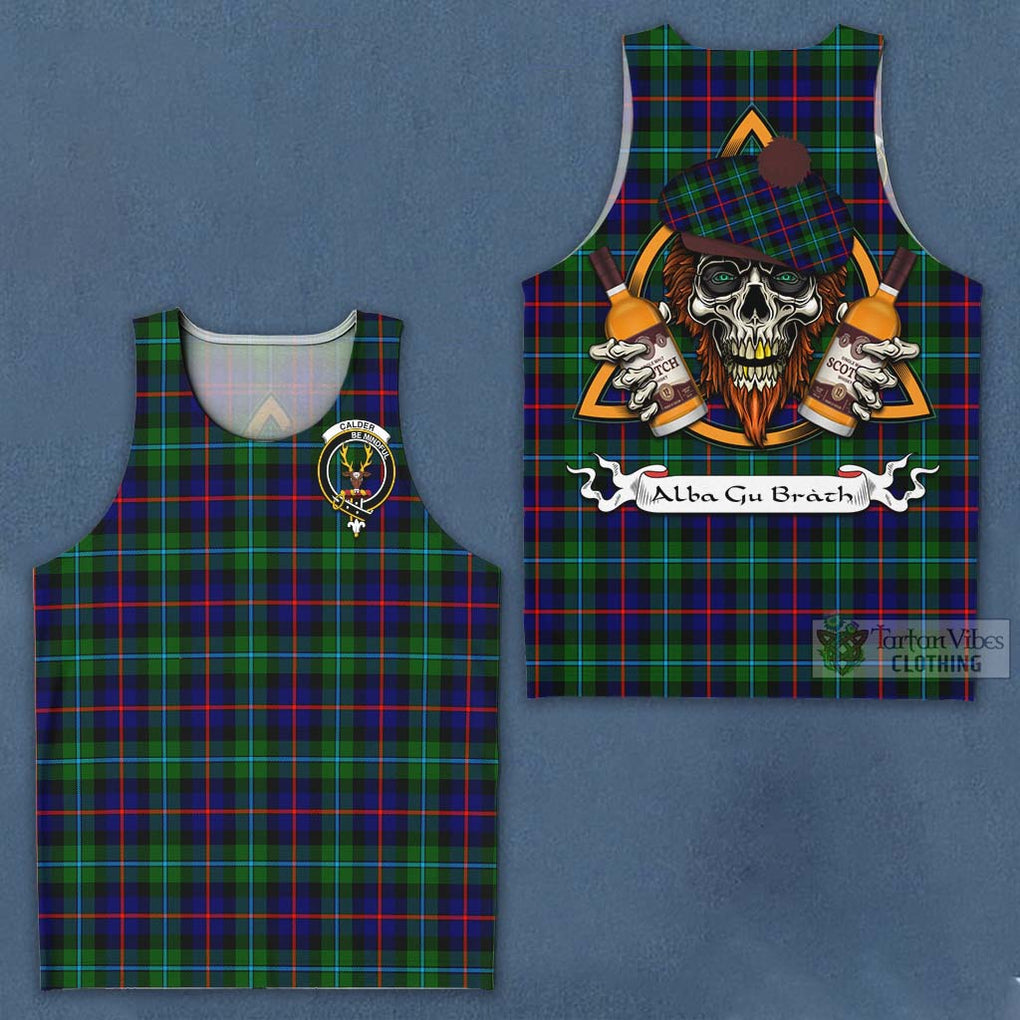 Tartan Vibes Clothing Calder Tartan Men's Tank Top with Family Crest and Bearded Skull Holding Bottles of Whiskey