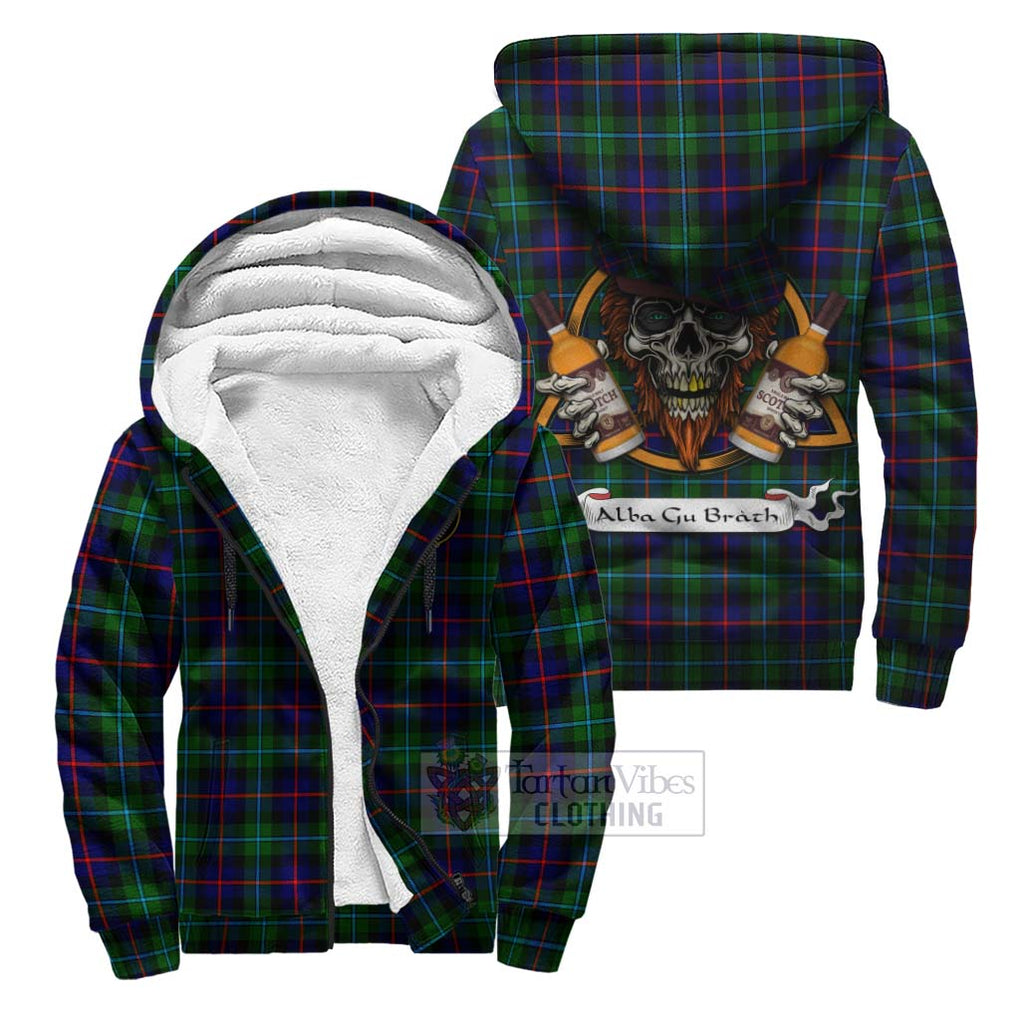 Tartan Vibes Clothing Calder Tartan Sherpa Hoodie with Family Crest and Bearded Skull Holding Bottles of Whiskey