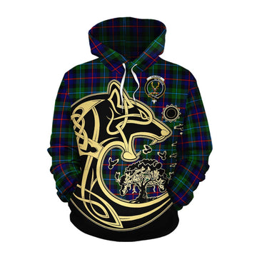 Calder Tartan Cotton Hoodie with Family Crest Celtic Wolf Style Pullover Hoodie XS - Tartan Vibes Clothing