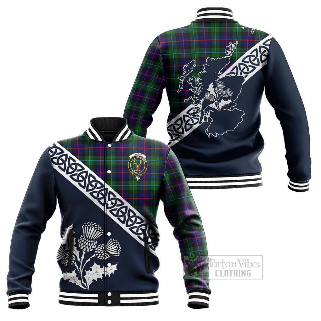 Calder Tartan Baseball Jacket Featuring Thistle and Scotland Map Unisex - Tartan Vibes Clothing