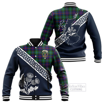 Calder Tartan Baseball Jacket Featuring Thistle and Scotland Map Unisex - Tartan Vibes Clothing