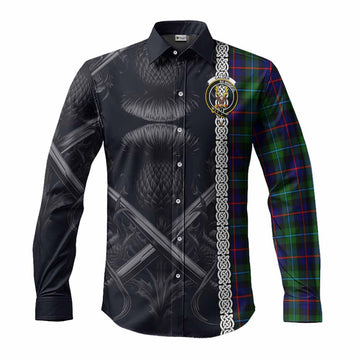 Calder Tartan Long Sleeve Button Shirt with Family Crest Cross Sword Thistle Celtic Vibes Men's Shirt S - Tartan Vibes Clothing