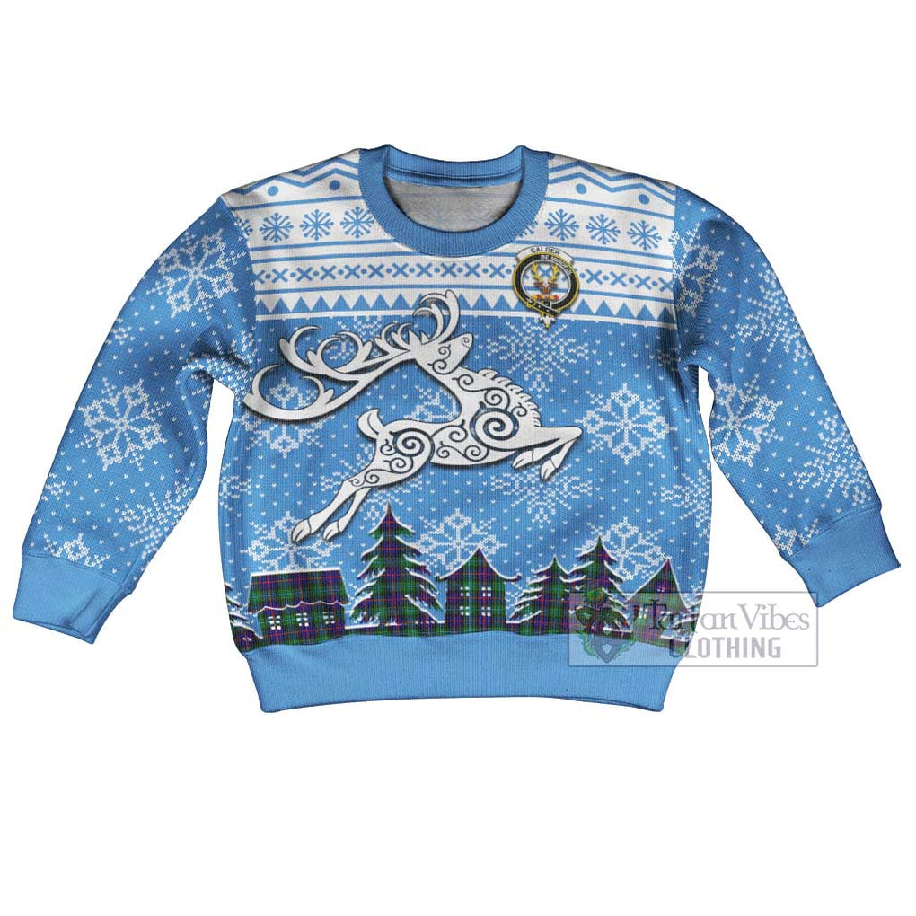 Tartan Vibes Clothing Calder Clan Christmas Kid Ugly Sweater with Tartan and Celtic Raindeer Style