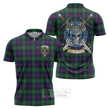 Calder Tartan Zipper Polo Shirt with Family Crest Celtic Skull Style