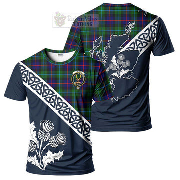 Calder Tartan T-Shirt Featuring Thistle and Scotland Map