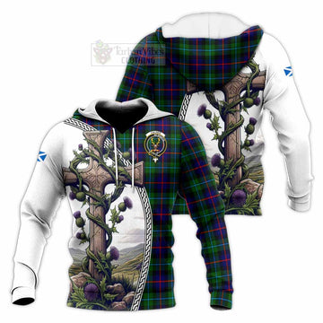 Calder Tartan Knitted Hoodie with Family Crest and St. Andrew's Cross Accented by Thistle Vines