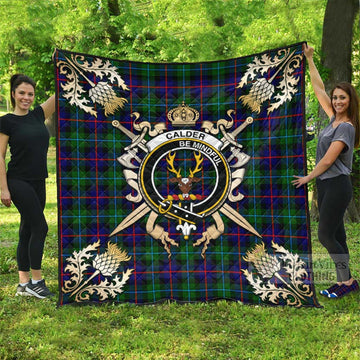 Calder Tartan Quilt with Family Crest and Scottish Golden Courage Shield