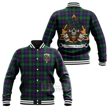 Calder Tartan Baseball Jacket with Family Crest and Bearded Skull Holding Bottles of Whiskey Unisex - Tartan Vibes Clothing