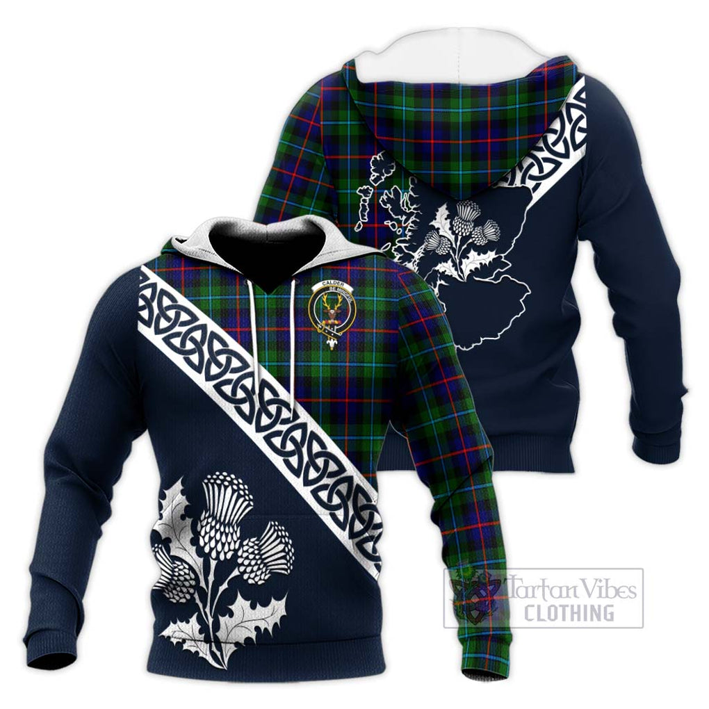 Tartan Vibes Clothing Calder Tartan Knitted Hoodie Featuring Thistle and Scotland Map