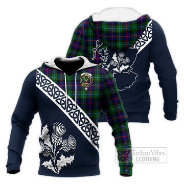 Calder Tartan Knitted Hoodie Featuring Thistle and Scotland Map