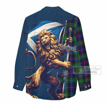 Calder Tartan Family Crest Women's Casual Shirt with Scottish Majestic Lion