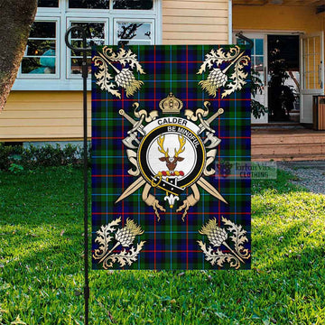 Calder Tartan Flag with Family Crest and Golden Thistle Crossed Sword Design