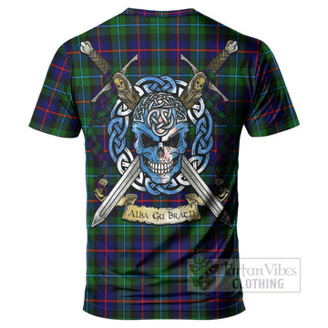 Calder Tartan T-Shirt with Family Crest Celtic Skull Style