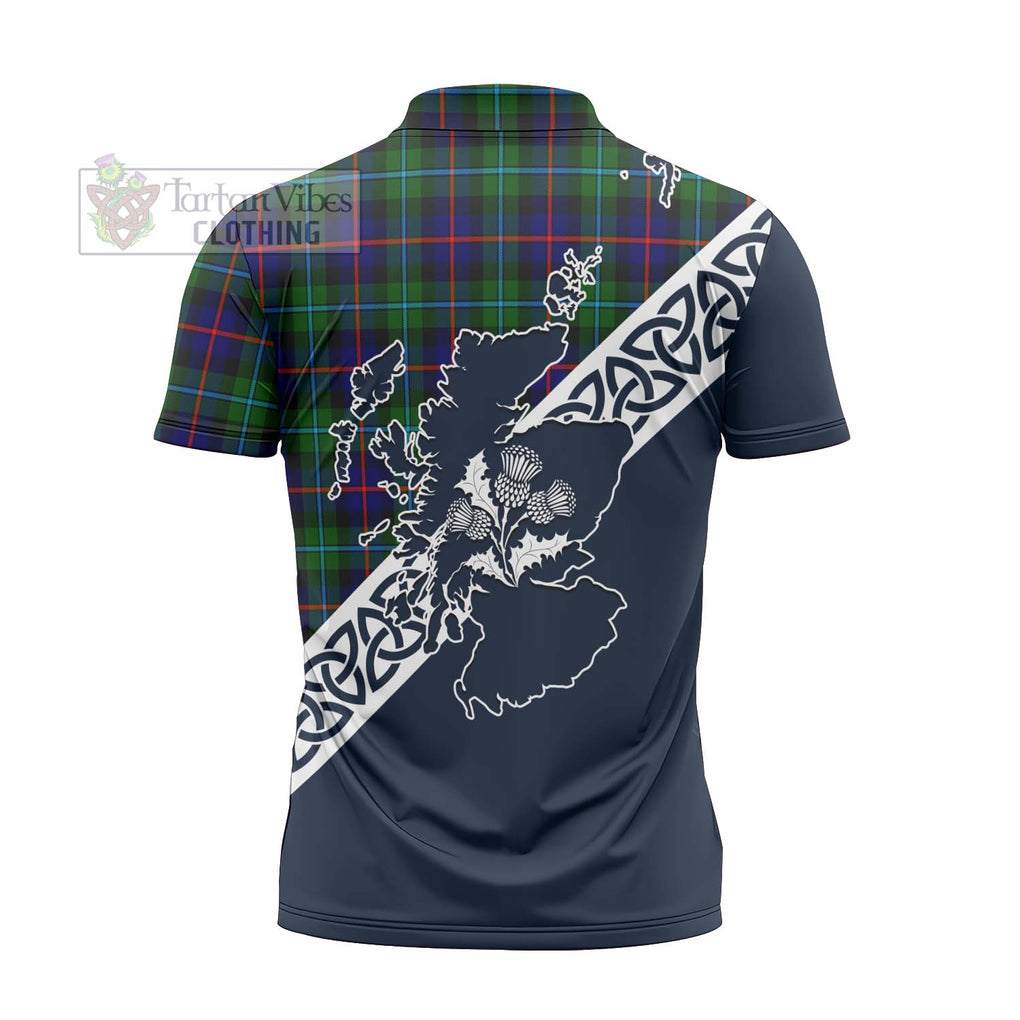 Calder Tartan Zipper Polo Shirt Featuring Thistle and Scotland Map - Tartanvibesclothing Store