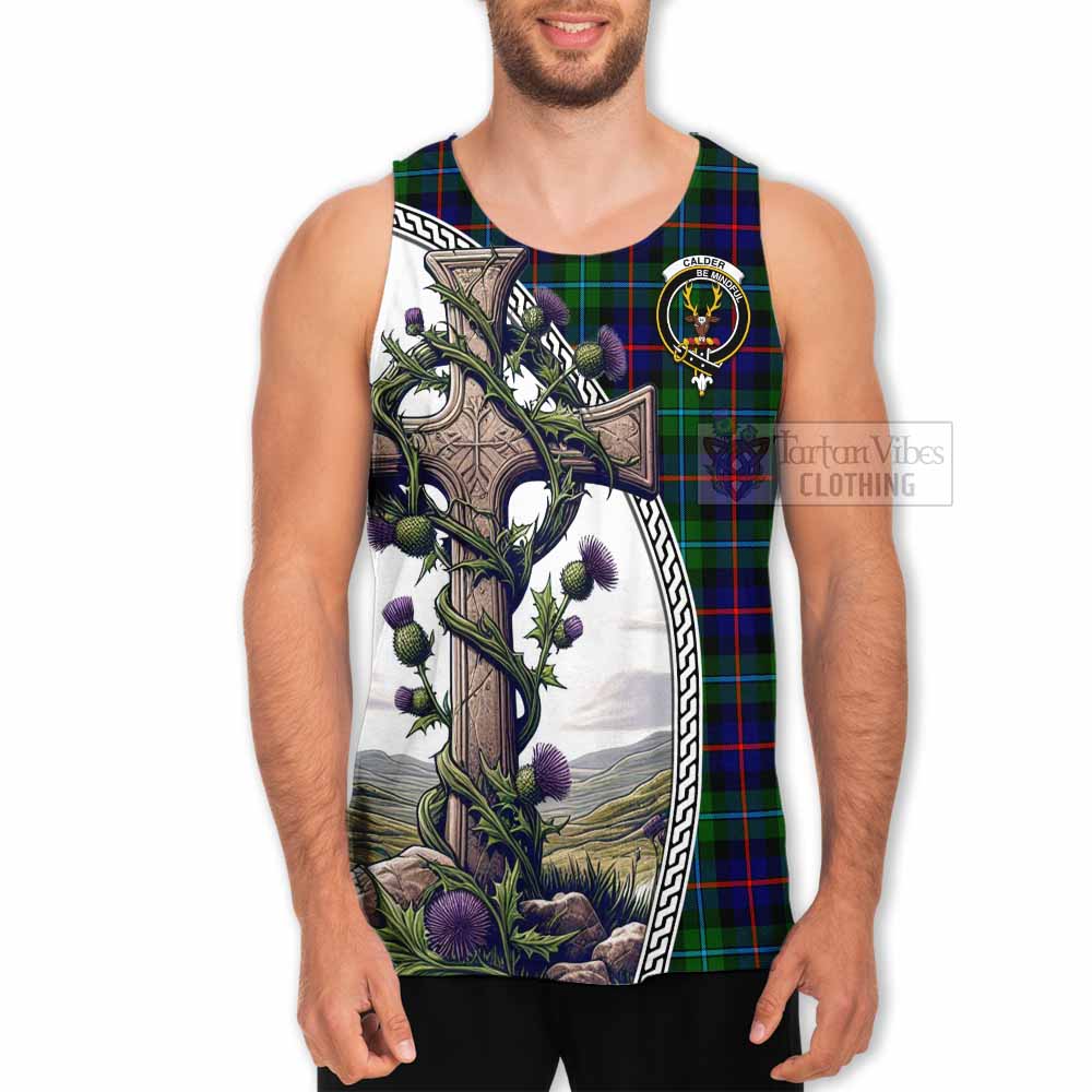 Tartan Vibes Clothing Calder Tartan Men's Tank Top with Family Crest and St. Andrew's Cross Accented by Thistle Vines