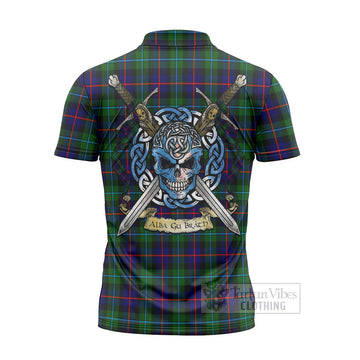 Calder Tartan Zipper Polo Shirt with Family Crest Celtic Skull Style