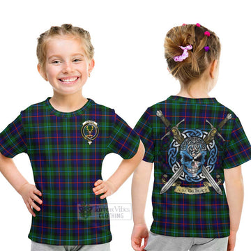 Calder Tartan Kid T-Shirt with Family Crest Celtic Skull Style