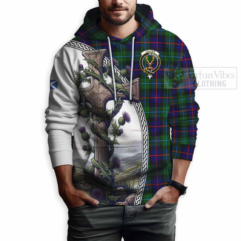 Tartan Vibes Clothing Calder Tartan Hoodie with Family Crest and St. Andrew's Cross Accented by Thistle Vines