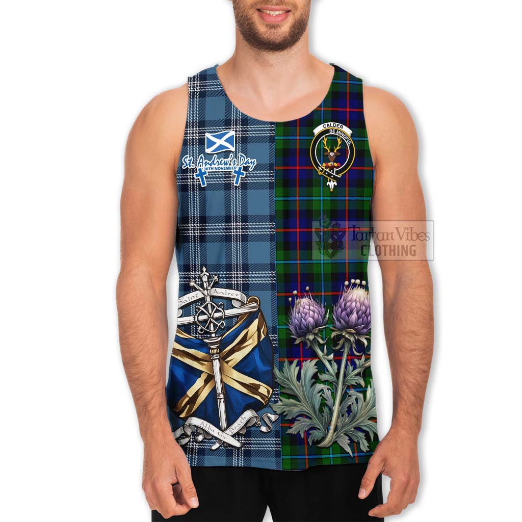 Tartan Vibes Clothing Calder Tartan Men's Tank Top Happy St. Andrew's Day Half Tartan Style