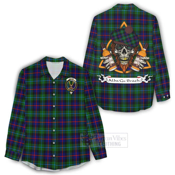 Calder Tartan Women's Casual Shirt with Family Crest and Bearded Skull Holding Bottles of Whiskey