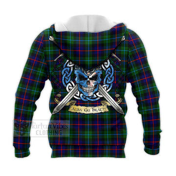 Calder Tartan Knitted Hoodie with Family Crest Celtic Skull Style