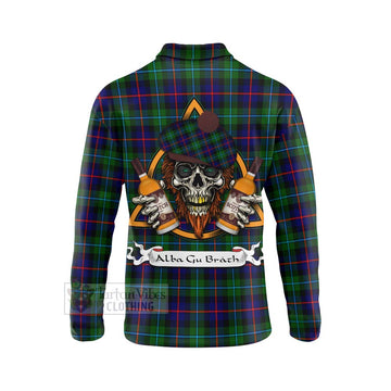 Calder Tartan Long Sleeve Polo Shirt with Family Crest and Bearded Skull Holding Bottles of Whiskey - Tartan Vibes Clothing