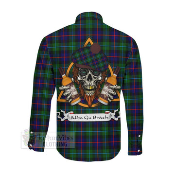 Calder Tartan Long Sleeve Button Shirt with Family Crest and Bearded Skull Holding Bottles of Whiskey