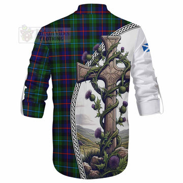 Calder Tartan Ghillie Kilt Shirt with Family Crest and St. Andrew's Cross Accented by Thistle Vines - Tartan Vibes Clothing