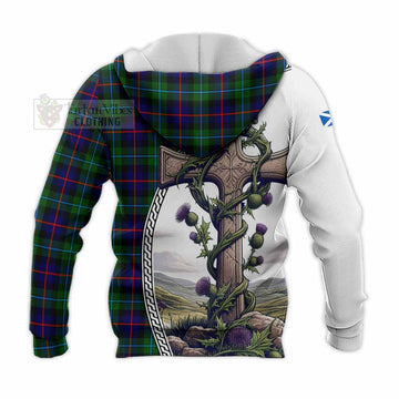 Calder Tartan Knitted Hoodie with Family Crest and St. Andrew's Cross Accented by Thistle Vines