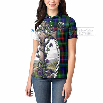 Calder Tartan Women's Polo Shirt with Family Crest and St. Andrew's Cross Accented by Thistle Vines - Tartan Vibes Clothing