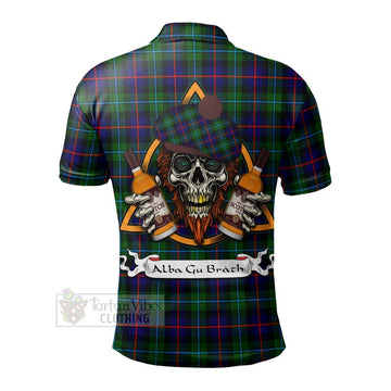 Calder Tartan Polo Shirt with Family Crest and Bearded Skull Holding Bottles of Whiskey