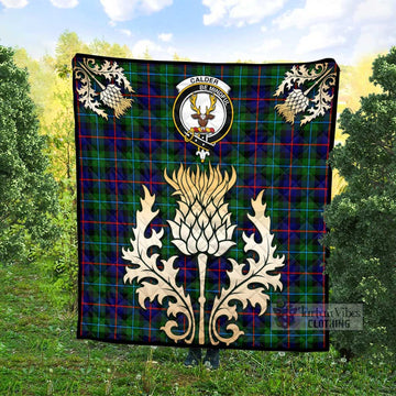 Calder Tartan Quilt with Family Crest and Golden Thistle Style