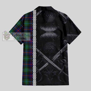 Calder Tartan Hawaiian Shirt with Family Crest Cross Sword Thistle Celtic Vibes - Tartan Vibes Clothing