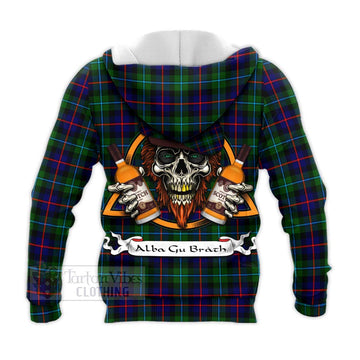 Calder Tartan Knitted Hoodie with Family Crest and Bearded Skull Holding Bottles of Whiskey