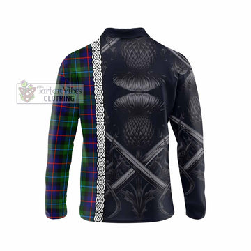 Calder Tartan Long Sleeve Polo Shirt with Family Crest Cross Sword Thistle Celtic Vibes - Tartan Vibes Clothing