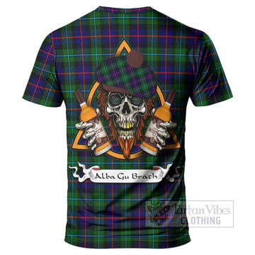 Calder Tartan T-Shirt with Family Crest and Bearded Skull Holding Bottles of Whiskey