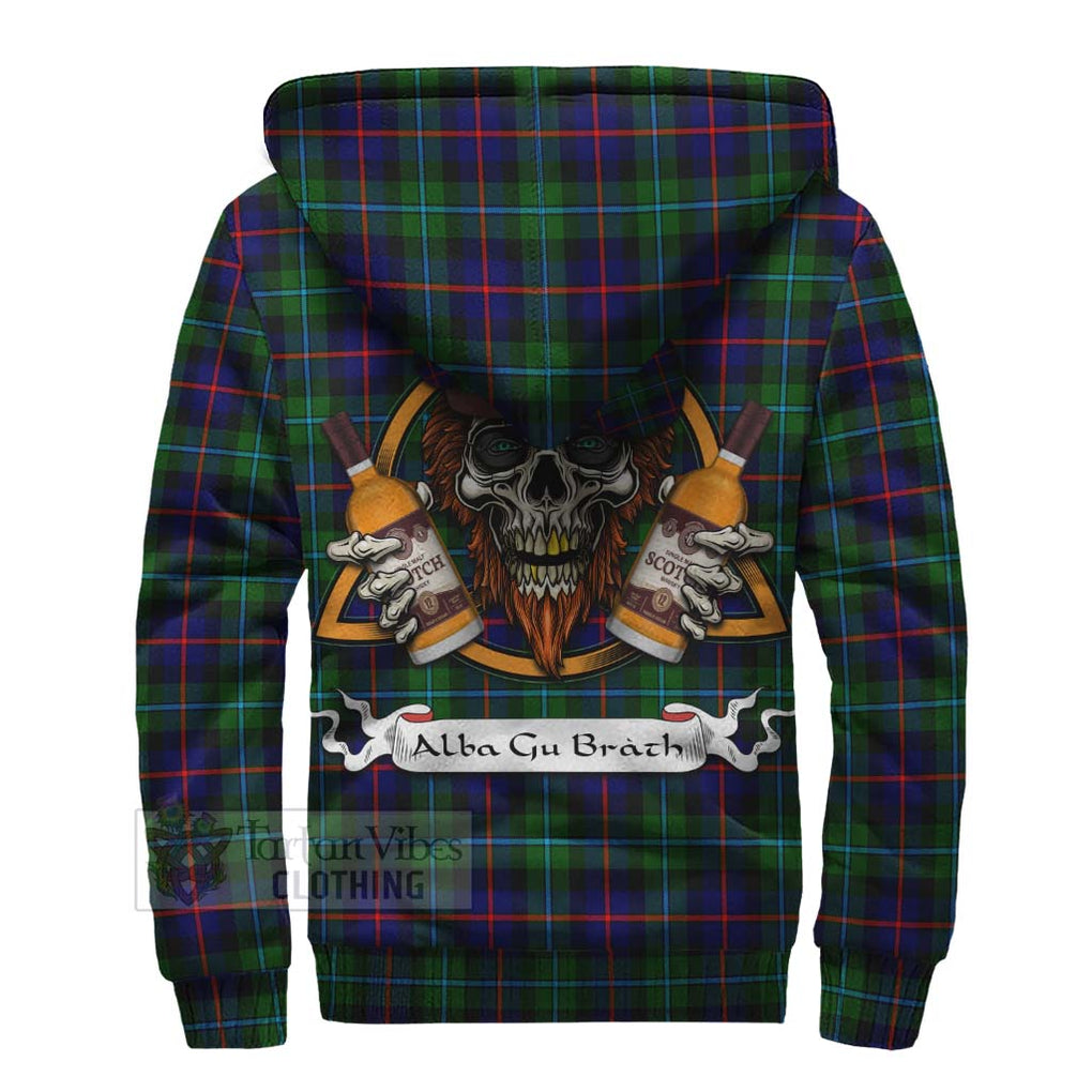 Tartan Vibes Clothing Calder Tartan Sherpa Hoodie with Family Crest and Bearded Skull Holding Bottles of Whiskey