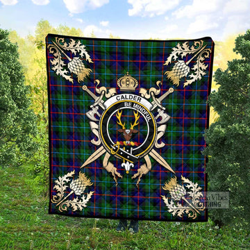 Calder Tartan Quilt with Family Crest and Scottish Golden Courage Shield