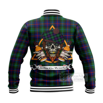 Calder Tartan Baseball Jacket with Family Crest and Bearded Skull Holding Bottles of Whiskey - Tartan Vibes Clothing
