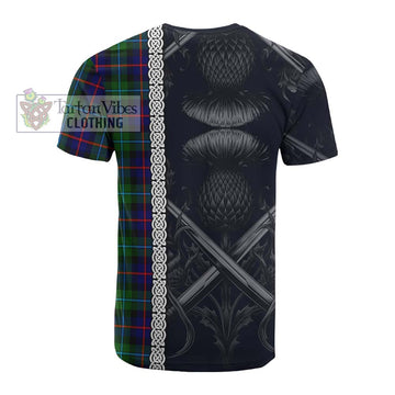 Calder Tartan Cotton T-shirt with Family Crest Cross Sword Thistle Celtic Vibes - Tartan Vibes Clothing