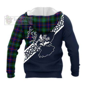 Calder Tartan Knitted Hoodie Featuring Thistle and Scotland Map