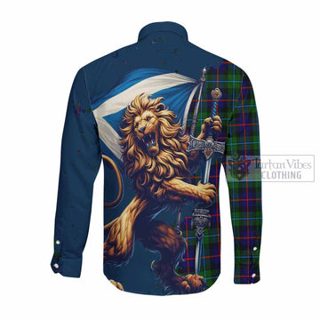 Calder Tartan Family Crest Long Sleeve Button Shirt with Scottish Majestic Lion