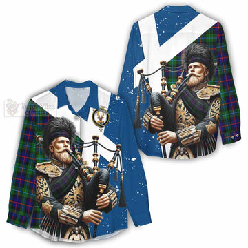 Calder Tartan Women's Casual Shirt with Family Crest Scottish Bagpiper Vibes - Tartan Vibes Clothing